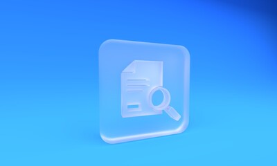 Fototapeta premium Frosted glass Document with search icon isolated on blue background. File and magnifying glass icon. Analytics research sign. Square frosted glass button. 3D render illustration