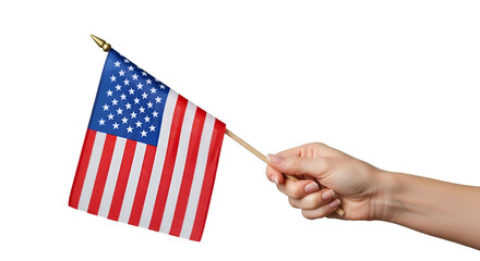 Hand Holding Small Waving American Flag on Black Background