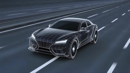 Wireframe rendering of a modern sports car driving on a highway. - Powered by Adobe