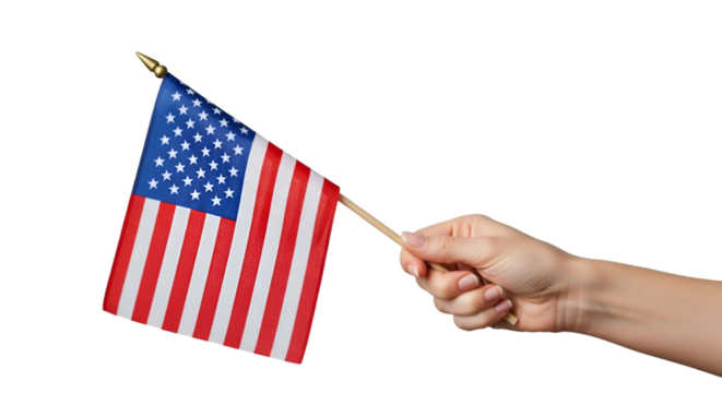 Hand Holding Small Waving American Flag on Black Background