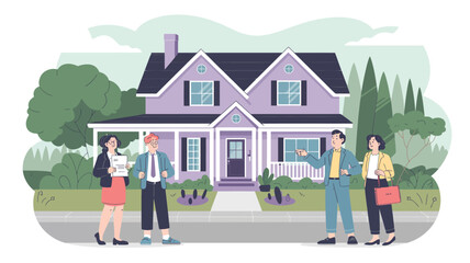 Real estate agents show a modern suburban house to potential buyers.