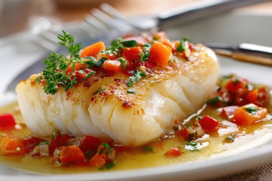 Close-up of Pan Seared Cod Fillet with Tomato, Bean, and Carrot in Savory Gravy on Elegant White Plate
