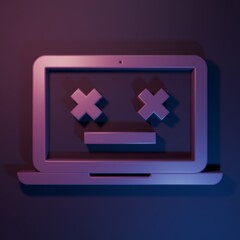 Purple Dead laptop icon isolated on purple-blue background. 404 error like laptop with dead emoji. Fatal error in pc system. Minimalism concept. 3D render illustration