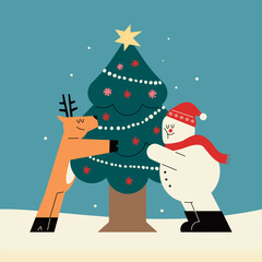 Festive Friends Decorating a Christmas Tree. Rudolph and the snowman hugging the tree. Cute characters.