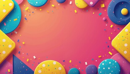 Colorful geometric shapes and confetti border a gradient pink background. Perfect for party invites or playful designs, this retro pattern offers vibrant, cheerful vibes and space for text.