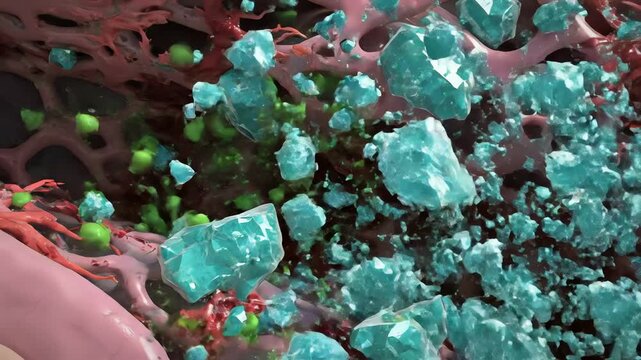 Kidney strain under chemical overload, filtered toxins accumulating in glomeruli, microscopic crystals form, scraping delicate tissue