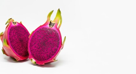 Two halves of a vibrant pink dragon fruit sit against a clean white background showcasing its unique texture and color making it ideal for food blogs and healthy eating promotions