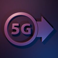 Purple 5G new wireless internet wifi connection icon isolated on purple-blue background. Global network high speed connection data rate technology. Minimalism concept. 3D render illustration