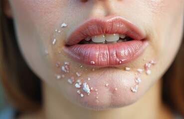Closeup face of young woman with dry flaky skin peeling around her mouth and lips. Skin irritation from cold weather, dry air. Redness visible on sensitive skin.