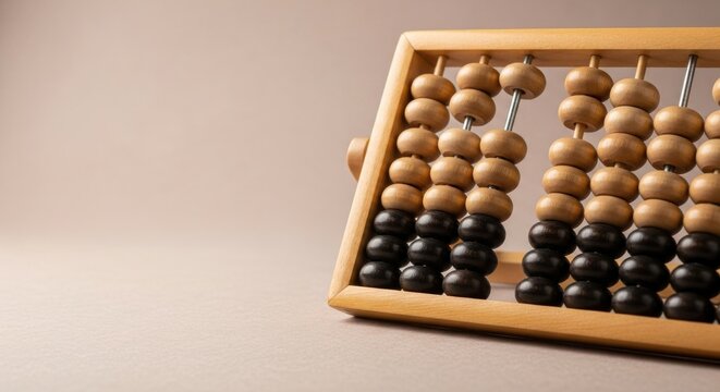 Wooden abacus with black and natural beads sits on a beige surface suggesting mathematics education or financial calculations