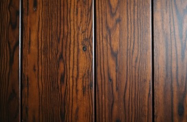 Fototapeta premium Dark polished wood panel texture, featuring vertical grain pattern and subtle knots. Ideal backdrop for natural themes, rustic interiors, or vintage decor projects.