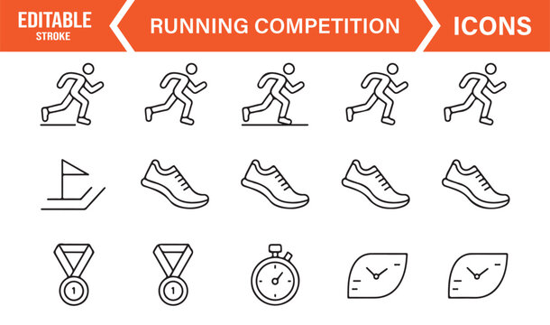 Minimal running competition outline icons featuring runners, medals, and track elements - Powered by Adobe