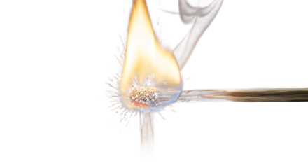 Ignite flame fire matchstick burning light spark heat danger bright flammable macro close up on transparent background