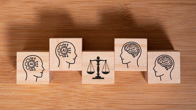 An illustration of Artificial Intelligence AI and human intelligence in balance, combining ethical AI versus human judgment, an artificial intelligence and human brain scale metaphor