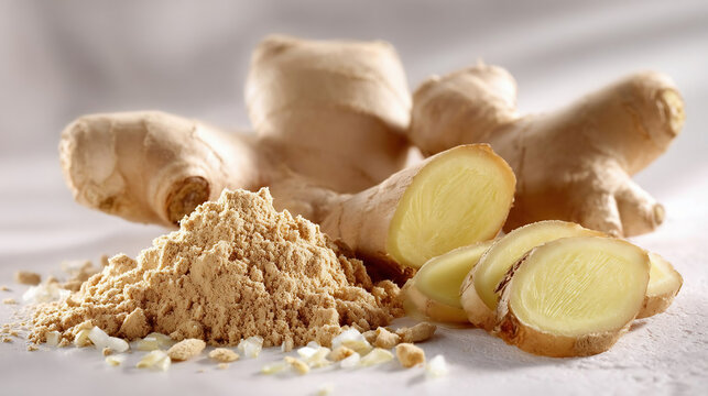 Fresh ginger root and ginger powder with sliced pieces
