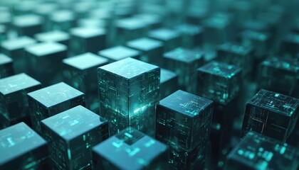 Abstract digital cubes with circuit patterns glow in teal. Data blocks arranged in rows represent complex tech concepts. Network nodes compute information in cyber space.