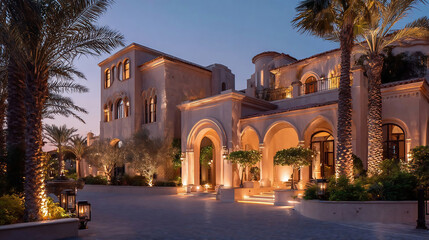 Stunning architectural exterior of a luxurious mediterranean style villa with archways