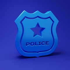 Blue Police badge icon isolated on blue background. Sheriff badge sign. Minimalism concept. 3D render illustration