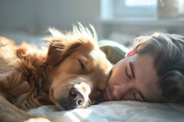 Pet dog sleeps next to young owner, resting together in bedroom with window light and calm surroundings.