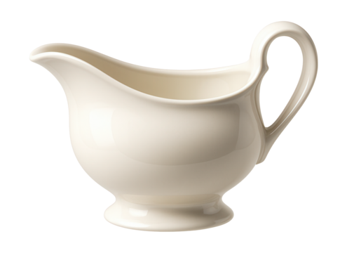 A porcelain gravy boat with a wide spout, ideal for serving rich gravy at family meals.