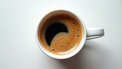 White cup of hot black coffee with rich crema foam, seen from above. Strong fresh espresso drink in ceramic mug on plain background. Aromatic morning beverage for breakfast routine, daily energy