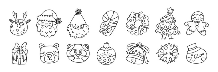 set of Christmas characters in doodle style. Santa, Christmas tree, snowflake, gift, bell, panda, deer, wreath, and more. Cute characters. Holiday icons for design, greeting cards, or coloring pages.