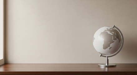 A minimalist globe sits on a dark wood surface against a neutral wall creating a sense of exploration and sophisticated design