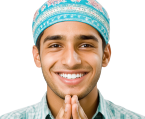 A Joyful Young Man Wearing a Traditional Headscarf with a Warm Smile and Hands Together, Signifying Happiness and Respect in a Cultural Context isolated on transparent background 