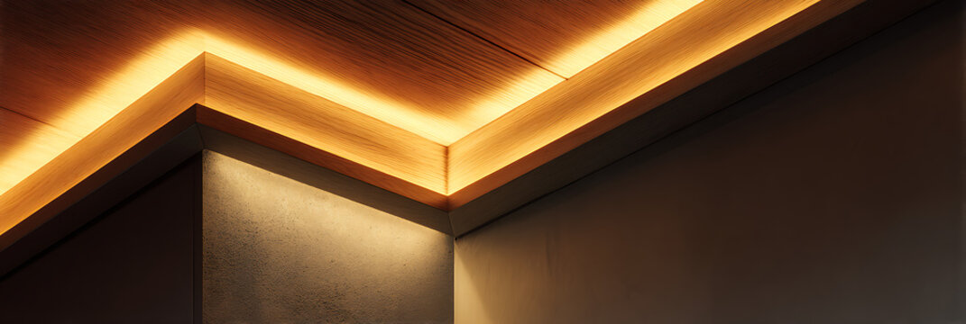Modern interior ceiling design with warm hidden LED strip lighting, minimalist architectural detail and illumination background