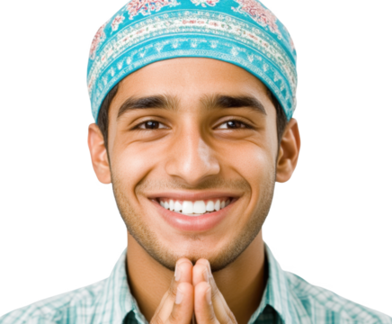 A Joyful Young Man Wearing a Traditional Headscarf with a Warm Smile and Hands Together, Signifying Happiness and Respect in a Cultural Context isolated on transparent background 