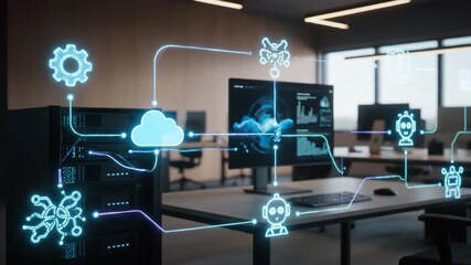 Artificial intelligence technology featuring glowing cloud, robot, gear, and network connection icons with fiber optic cable data transfer in cloud computing and modern office environment - Powered by Adobe