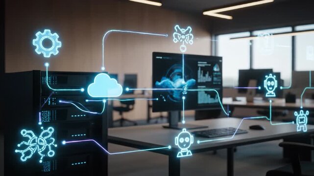 Artificial intelligence technology featuring glowing cloud, robot, gear, and network connection icons with fiber optic cable data transfer in cloud computing and modern office environment