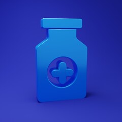 Blue Medicine bottle icon isolated on blue background. Bottle pill sign. Pharmacy design. Minimalism concept. 3D render illustration