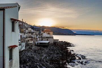 Fototapeta premium Panoramic realistic view of Cefalu, Sicily, Italy, Mediterranean, Europe. Winter time