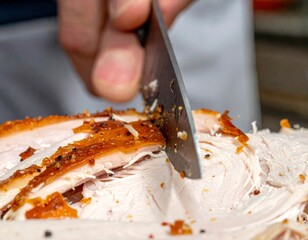 Expert Carving of Delicious Roasted Poultry with Crispy Skin and Juicy Meat Ready for Serving