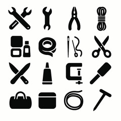 Obraz premium Set of black tool icons including wrench, pliers, rope, scissors, knife, glue, and spatula