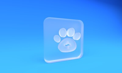 Frosted glass Veterinary clinic symbol icon isolated on blue background. Cross hospital sign. A stylized paw print dog or cat. Pet First Aid sign. Square frosted glass button. 3D render illustration