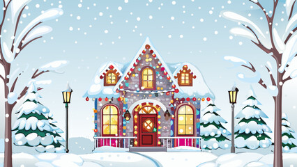 Obraz premium Illustration of a snow covered house decorated with christmas lights and trees in a winter wonderland scene