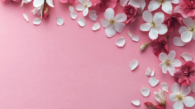 White and Pink Flowers with Petals on Pink Background, Fresh Natural Style, Ideal for Spring Poster, Greeting Card, Wedding Invitation, Festive Background

