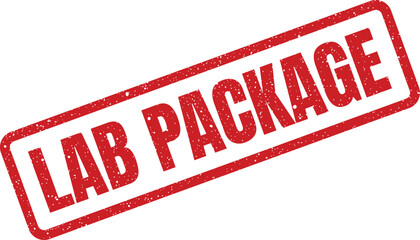 Grunge red rubber stamp label displaying LAB PACKAGE for laboratory kits and research materials