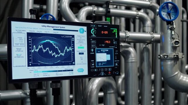 Industrial piping system with gauges showing pressure and flow measurements in a manufacturing facility