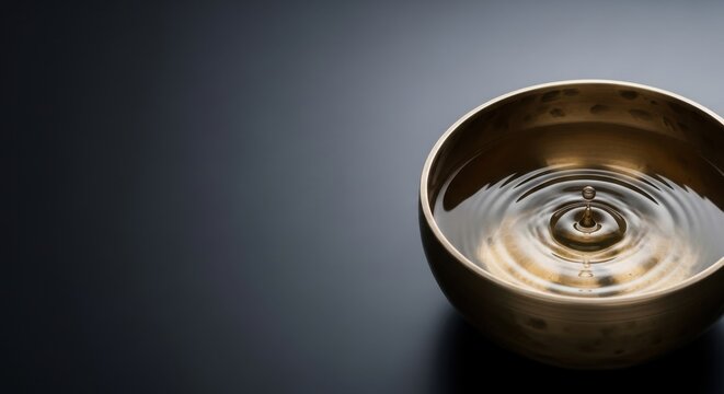 A serene singing bowl filled with water shows the ripple effect of a single drop in a zen like meditative setting