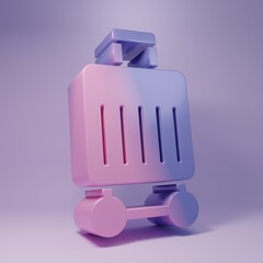 Obraz premium Purple Suitcase for travel icon isolated on purple background. Traveling baggage sign. Travel luggage icon. Minimalism concept. 3D render illustration