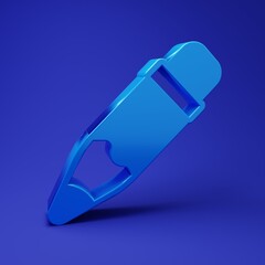 Blue Pencil with eraser icon isolated on blue background. Drawing and educational tools. School office symbol. Minimalism concept. 3D render illustration