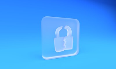 Frosted glass Broken or cracked lock icon isolated on blue background. Unlock sign. Square frosted glass button. 3D render illustration