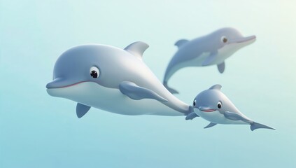 Fototapeta premium Three Playful Cartoon Dolphins Swimming Together in Blue Ocean