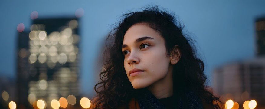 The woman gazes pensively overwhelmed by the quiet beauty of the dusk skyline - Powered by Adobe