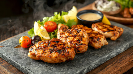Grilled chicken breast with salad and sauce on stone plate