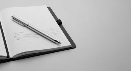 A silver pen rests on an open notebook with a black cover and dotted pages with some light scribbles on a gray background creating a clean and modern aesthetic