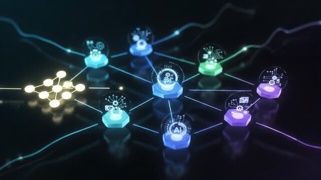 Artificial intelligence automation network with glowing workflow nodes connected by lines dark digital connection, illustrating smart technology and intelligent system integration for advanced